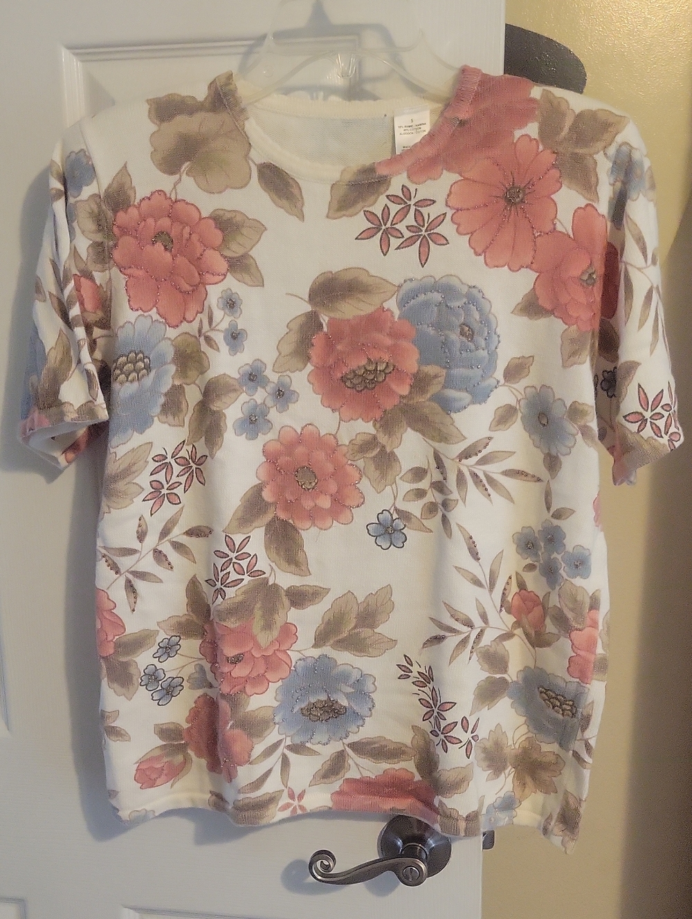 Women's SzSm Rami/Cotton Vintage Floral Short Sleeve Crewneck Tee in Pink & Blue